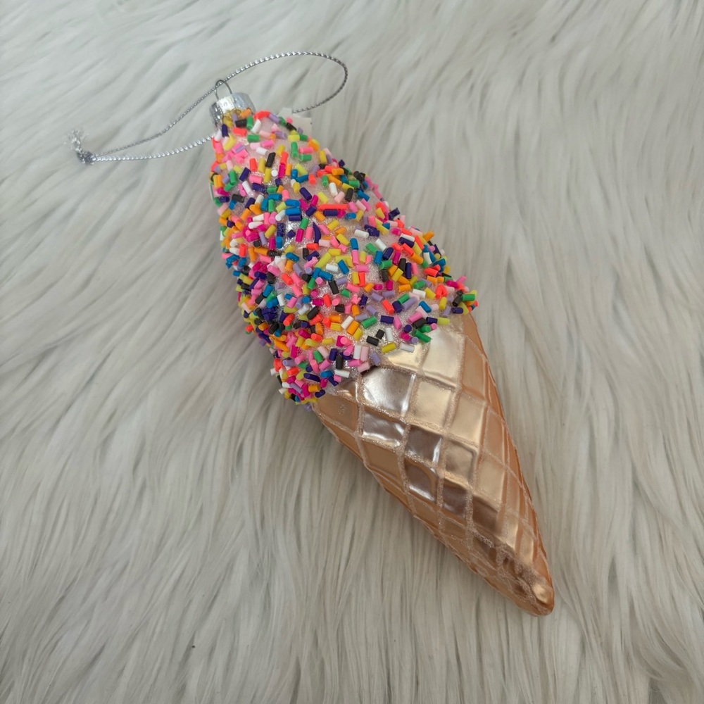 Macy’s Holiday Lane Rainbow Sprinkle Glitter Large Ice Cream Cone Glass Ornament